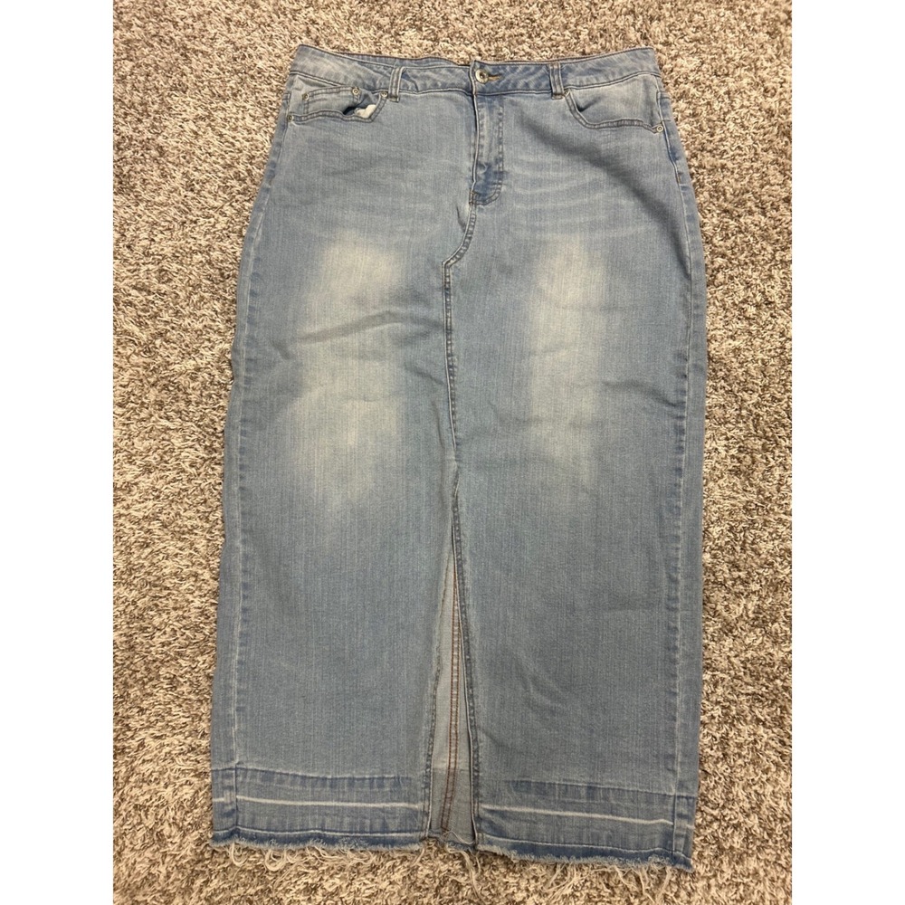 Ashley Stewart Light Wash Denim Maxi Skirt Frayed Hem Front Slit Size 18